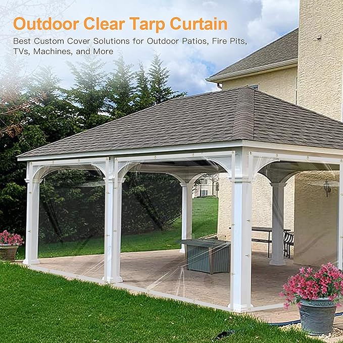 6 x 12FT Outdoor Clear Tarp Curtain Waterproof Wind-Proof 24 Mil Transparent Vinyl Tarp for Patio Pergola Garden Canopy Rainproof Anti-Tear PVC Thick Cover with Grommets