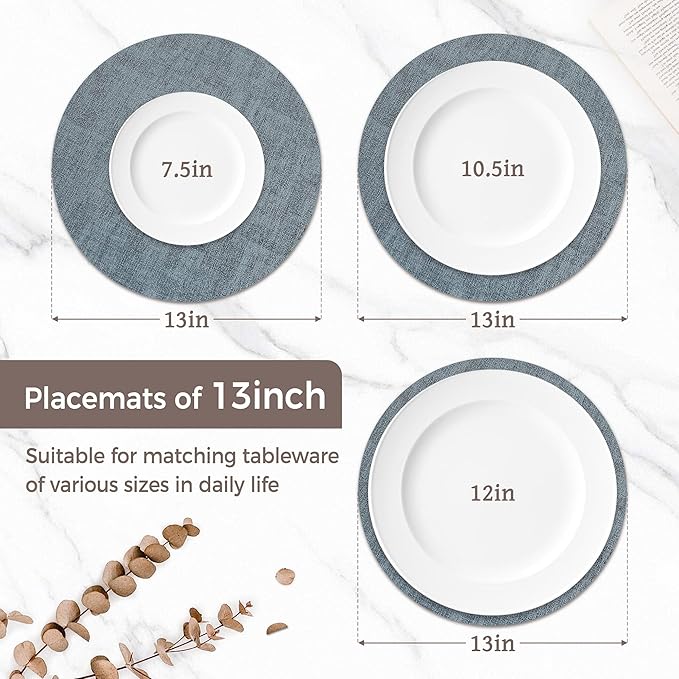 13" Round Placemats Set of 8, Reversible Faux Leather Heat Resistant Table Mats, Waterproof Oilproof Wipeable Table Protective Placemats for Vinyl, Washable for Indoor & Outdoor Use (8, Light Blue)
