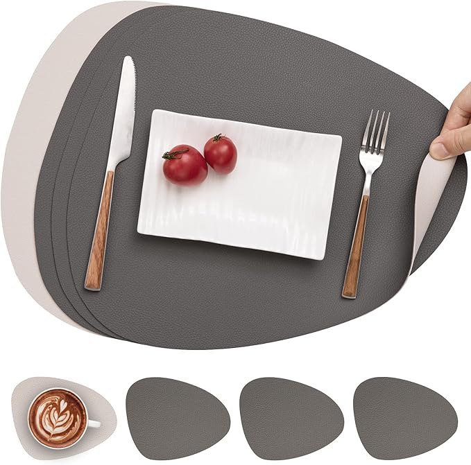 Myir JUN Placemats, Dual-Sided Placemats Waterproof Faux Leather Placemats Set of 4 Place Mats and Coasters Non-Slip Washable Table Mats for Dining Table (Gray Beige, Set of 4)