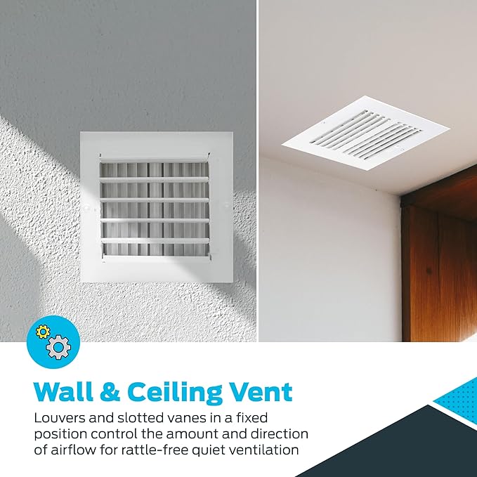 EZ-FLO 6 x 6 Inch (Duct Opening) Air Vent Cover for Wall or Ceiling, Two-Way Ventilation Register, Solid Steel HVAC Register Cover, White, 61660