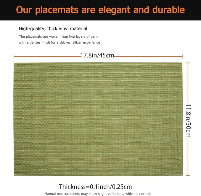Placemats Set of 8 Washable&Wipeable Place mats for Dining Table Kitchen Indoor Outdoor Table Mats Heat Resistant Non Slip Woven Vinyl Table Placemats (Green，8PCS)