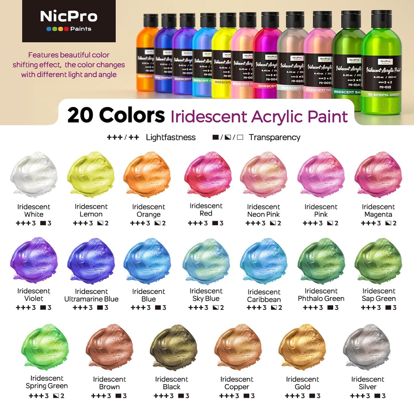 Nicpro 20 Colors Iridescent Acrylic Paint, 8.45oz / 250ml Large Bulk Metallic Acrylic Paint,Color Shifting & Non-Toxic Art Painting Supplies For Canvas Fabric Rock Wood with Paint Knife Color Wheel