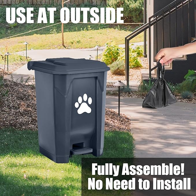 tebiete Dog Poop Trash Can Outdoors Pet Waste Station with Lid Dog Waste Disposal Container with Removable Inner Bin Bucket Hands-Free Pedal Garden Yard Home with 5Rolls Waste Bags, Grey