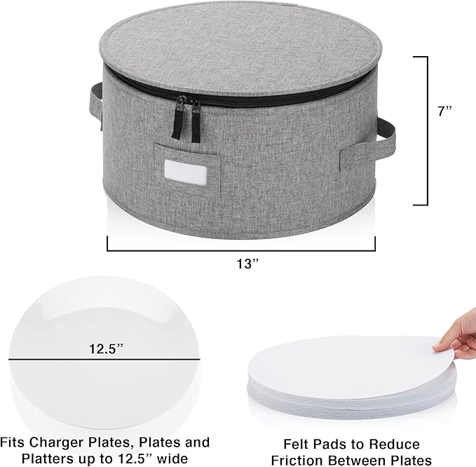China Storage Container for Charger Plate - Includes 12 Felt Dividers. Hard Shell and Stackable with Padded Interior. Great for Platters, Big Plates and Serving Dishes up to 12.5" W