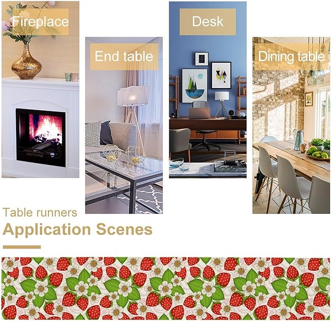 Spring Strawberry Table Runner, Floral Strawberries Flowers Leaf Season Inspirational Design Table Runner for Kitchen Dining Party Holiday Home 13x90in