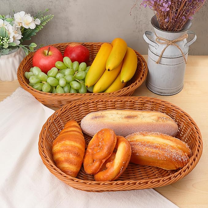 5 Pack 13.8 Inch Oval Poly Wicker Baskets, Plastic Oval Wicker Baskets, Rustic, Durable & Easy-Cleaning Wicker Bread Basket, for Home, Restaurant & Hotel Use, Brown