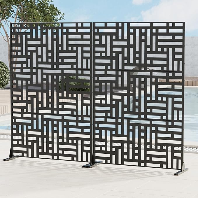 Casaphoria Privacy Screen 72" H x 45" W Metal, 2 Pack Outdoor Freestanding Decorative Divider for Patio & Garden with Stable Base, Black-Helen