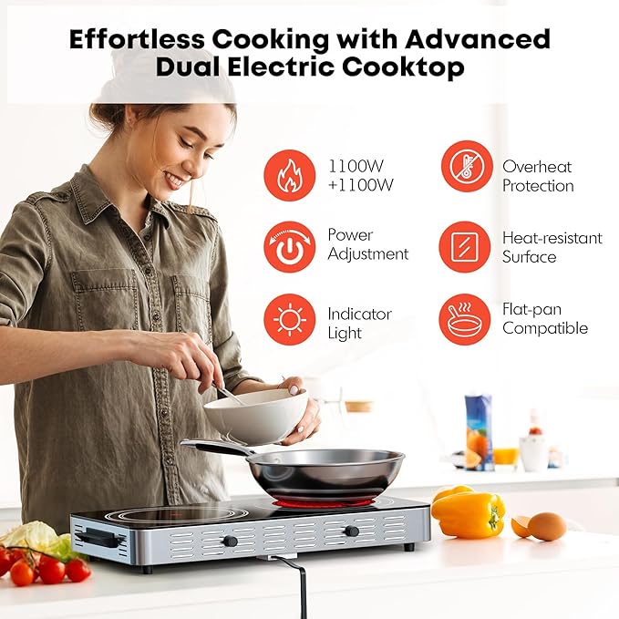 Electric Cooktop, Dual 2200 Watts Infrared Burner, 2 Burner Electric Hot Plate for Cooking, Knob Control Countertop & Built-in Ceramic Cooktop, Overheat Protection Burner for Dorm, Kitchen
