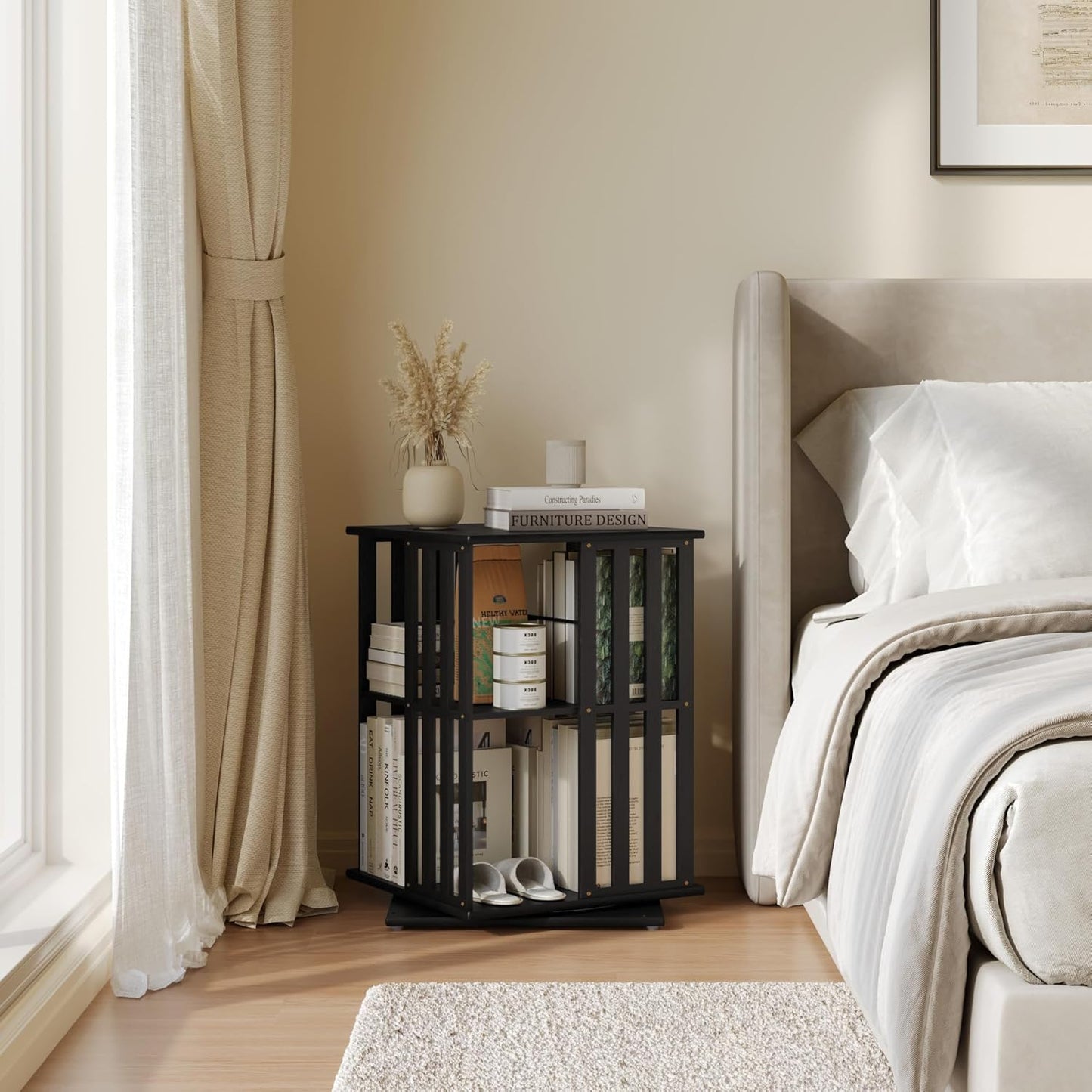 YOWOS Rotating Bookshelf Tower, 360 Display Spinning Bookcase, Bamboo Bookshelf Floor Standing Storage Rack, Wood Narrow Book Shelf Organizer for Kids&Adults (Black, 2 Tier)