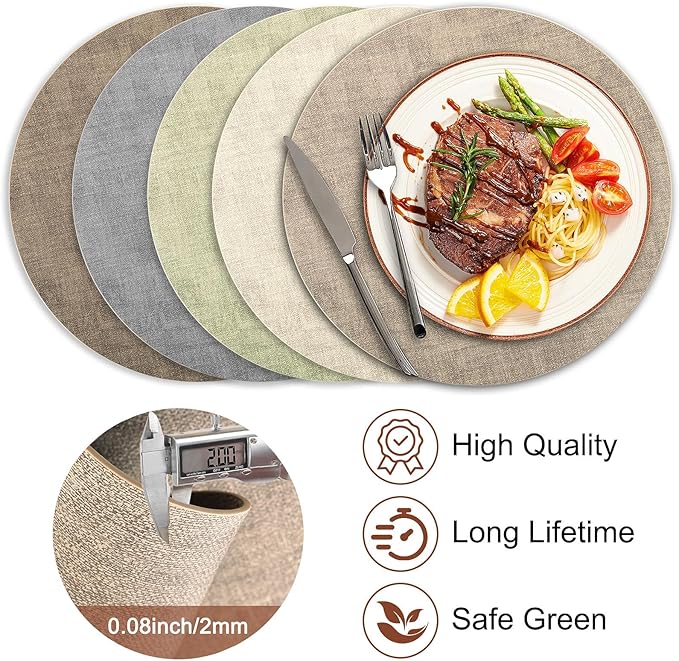 Round Faux Leather Placemats and Coasters, Set of 8, Reversible Heat Resistant Non-Slip Table Mats, Waterproof Wipeable Place Mats for Dining Table, Washable for Indoor & Outdoor (8, Light Brown)