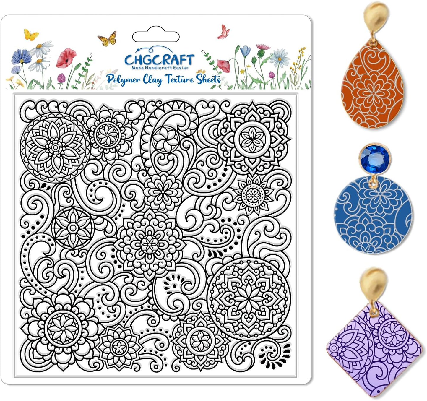 CHGCRAFT Mandala Polymer Clay Texture Sheets Scroll Pattern Silicone Texture Stamp Clay Texture Mat Modeling Pattern Pad Sheets for Jewelry and Earrings Tools, 5.5x5.5 inch