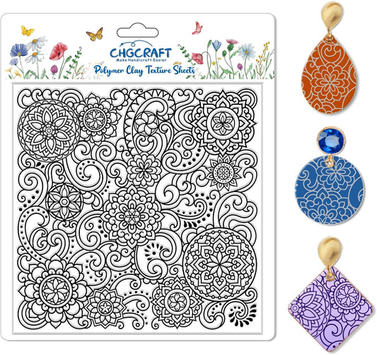 CHGCRAFT Mandala Polymer Clay Texture Sheets Scroll Pattern Silicone Texture Stamp Clay Texture Mat Modeling Pattern Pad Sheets for Jewelry and Earrings Tools, 5.5x5.5 inch