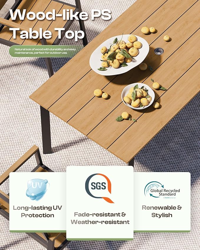 67" Rectangle HDPS Patio Dining Table, Aluminum Outdoor Patio Dining Table with Umbrella Hole, Weather-Resistant for Lawn, Garden, Yard, Poolside and Indoor Use (Gray & Teak)