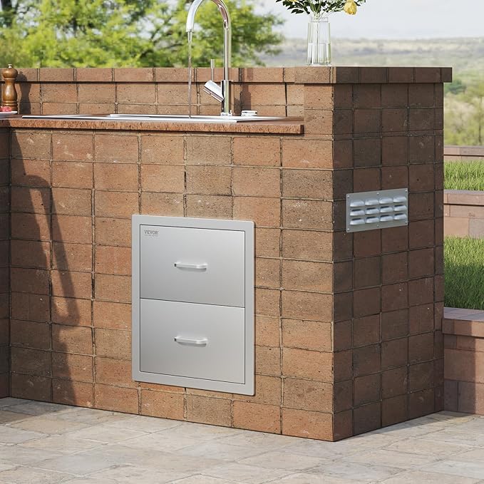 VEVOR Outdoor Kitchen Drawers, 17.8W x 20.2H x 12.2D Inch, Flush Mount Double BBQ Drawer, Stainless Steel BBQ Island with Handle, for Outdoor Kitchens or Patio Grill Station