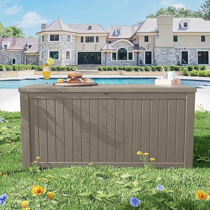 270 Gallon Resin Deck Box, Waterproof Outdoor Storage Box for Patio Furniture Cushions, Garden Tools, and Pool Accessories, Large Lockable UV-Resistant Storage Bin Bench Cabinet for Outside, Grey