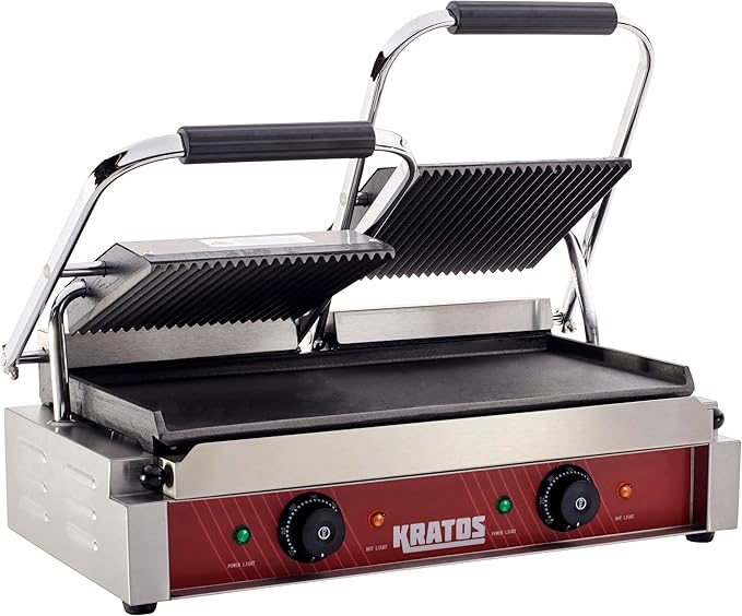 Kratos Commercial Electric Panini Sandwich Grill with Grooved Top and Smooth Bottom Plates, 18.7"x9" Cooking Surface, Commercial Countertop Panini Press, 120V, 3500W (29Y-025)