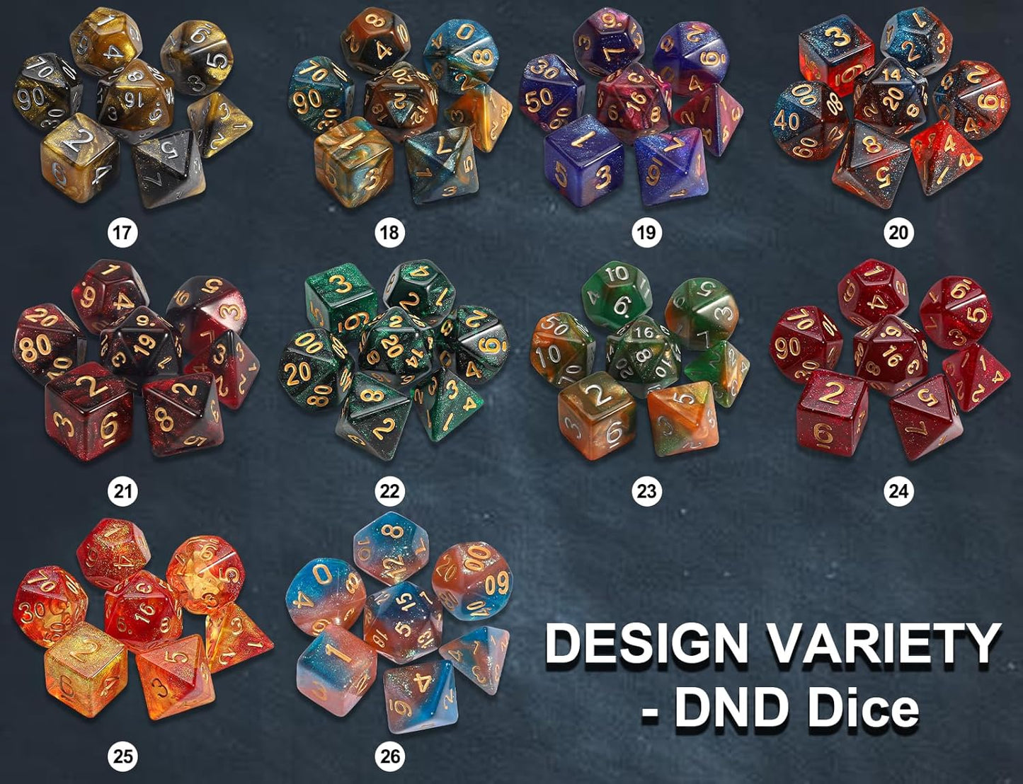 CiaraQ DND Dice Sets - 26 X 7 Polyhedral Dice (182pcs) with a Large Drawstring Bag for Dungeons and Dragons, Role Playing Table Game. Multiple Colors, Glitter Swirl Design with Gold Numbers.