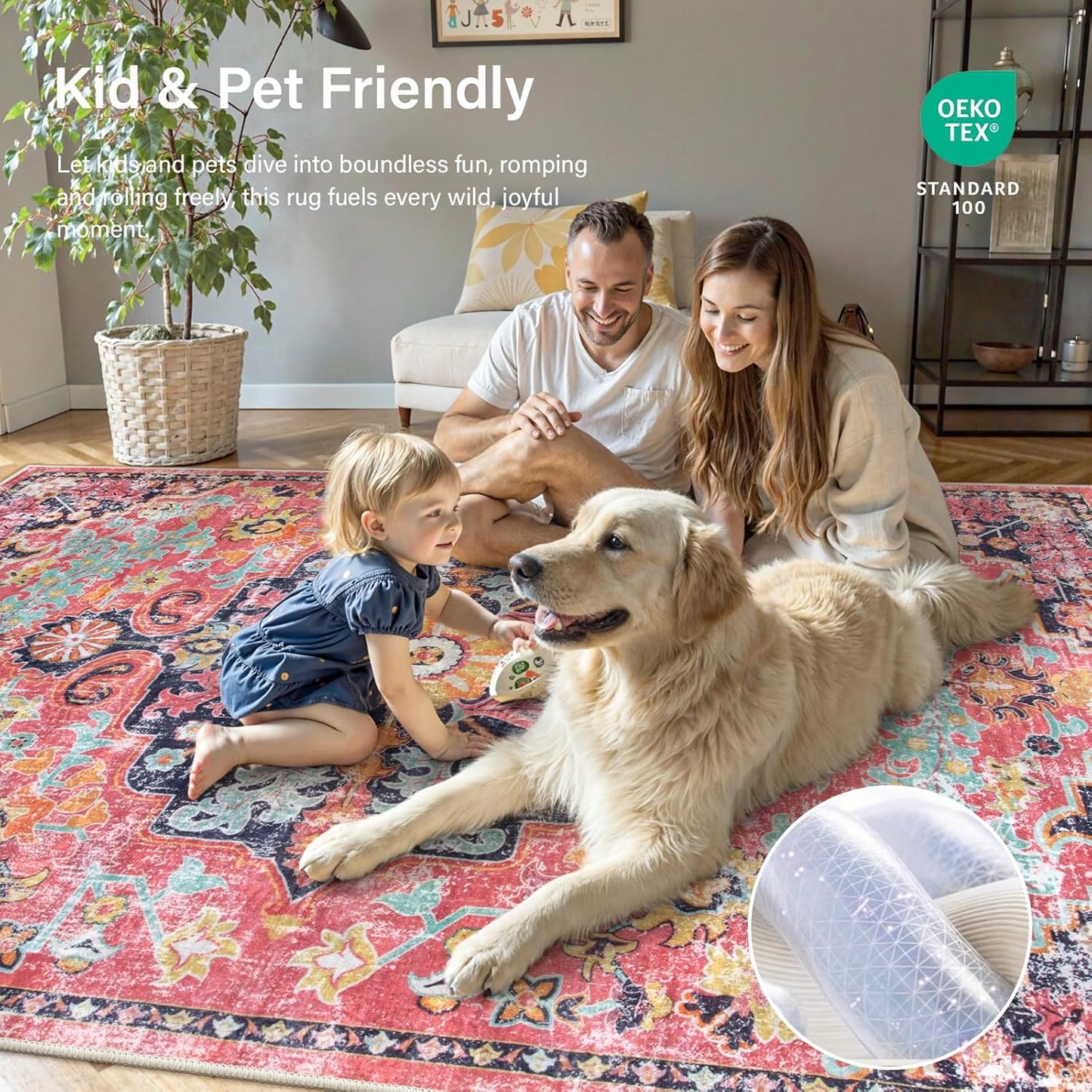 Lahome Area Rugs 9x12 Rugs for Living Room,Large Bedroom Dining Room Rug,Boho Vintage Soft Non-Slip Non-Shedding Low Pile Printed Indoor Carpet for Nursery Kids Home Office(9x12ft,Fuchsia)