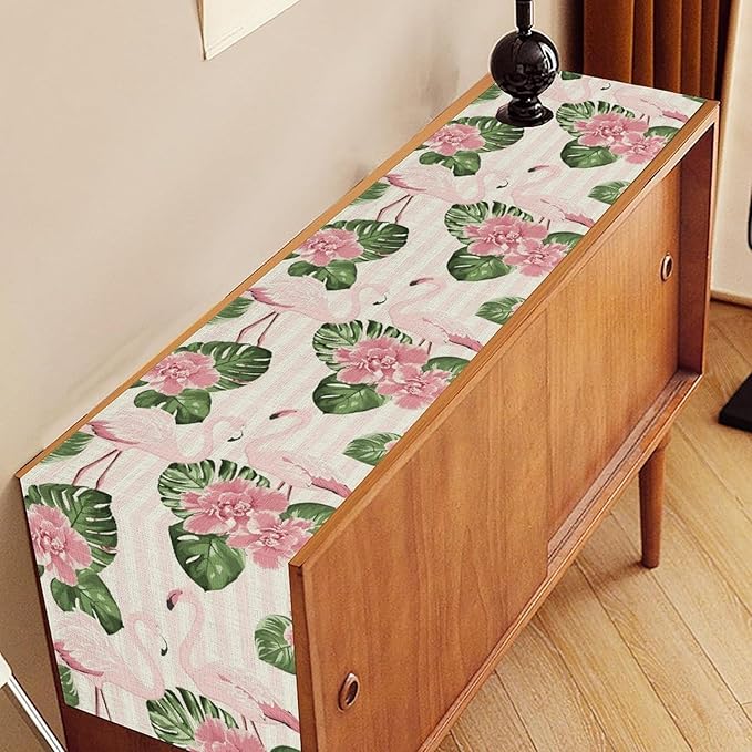 Tropical Table Runner,Retro Flamingo Hawaii Summer Palm Leaves Flower Stripes Table Center Decor for Family Kitchen Living Room Outdoor Farmhouse Party Table Decorations, 13"x36"