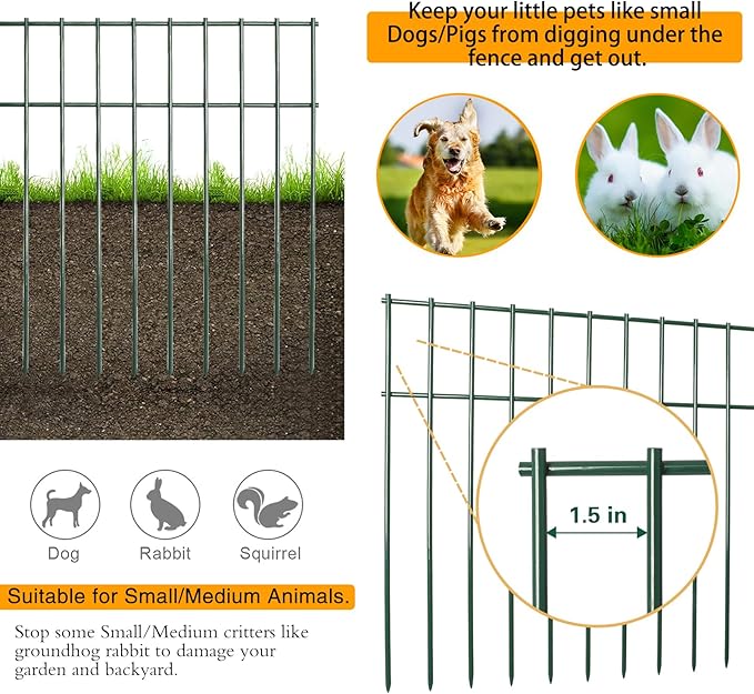 Adavin Small/Medium Animal Barrier Fence, 2 Pack 24 in(L)X 15 in(H) Underground Decorative Garden Fencing, Dog Rabbits fences Black Metal Fence Panel Ground Stakes for Outdoor Patio. Total Length 4 Ft