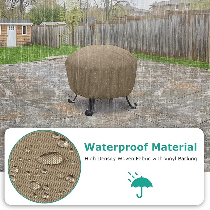 SunPatio Outdoor Round Fire Pit Cover 32 inch, Heavy Duty Waterproof Fire Pit Bowl Cover with Drawstring, All Weather Protection, 32" Dia x 14" H, Taupe