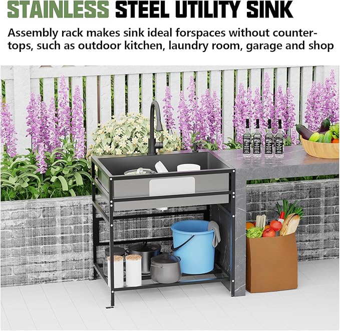 Black 30x22 Inch Freestanding Utility Sink-Stainless Steel Laundry Sink Practicality With Accessories Black Stainless Faucet,Soap Dispenser, SS Sink Grid For Laundry,Garage,Outdoor Kitchen,Garden...