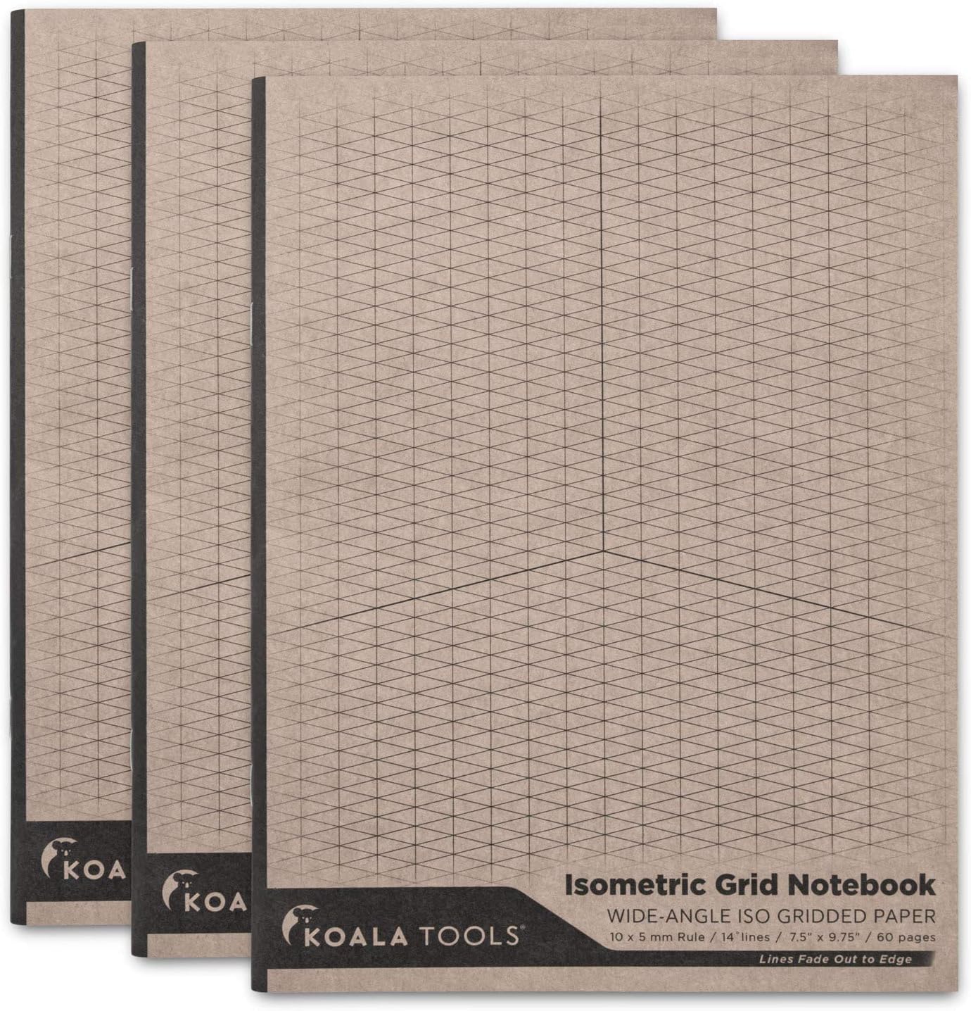 KOALA TOOLS | Isometric Graph Paper Notebook (3 pack) | 7.5" x 9.75", 60 pp. - Kraft Cover Isometric Grid Drawing Pads - Suitable for Industrial, Architectural, Interior Design