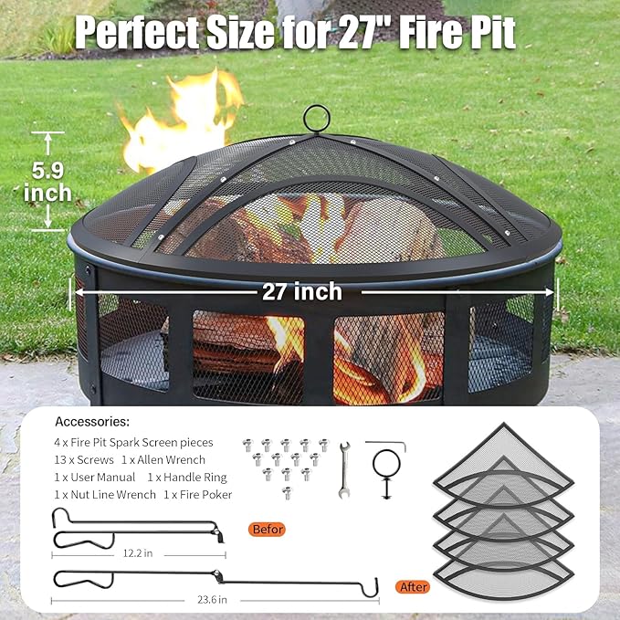Fire Pit Spark Screen, Upgraded 27 Inch Outdoor Fire Pit Screen with Handle & Poker, Heavy-Duty Steel Fire Pit Cover Round Mesh Replacement Firepit Screen for Backyard/Beach/RV Camping