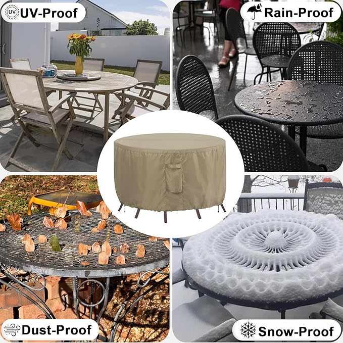 OutdoorLines Outdoor Waterproof Patio Table Furniture Set Covers - Round Couch Sectional Cover Outside Weatherproof Patio Furniture Covering for Deck, Lawn and Backyard 84" Dia x 28" H, Camel