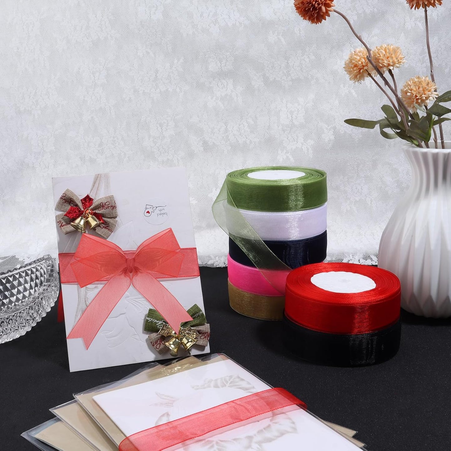 Green Ribbon for Gift Wrapping, 1 inch 50Yard Sage Green Sheer Organza Ribbon for Flower Bouquet, Crafts, Gifts Wrap Chiffon Fabric Ribbons for Birthday, Wedding, Christmas, Easter Decoration