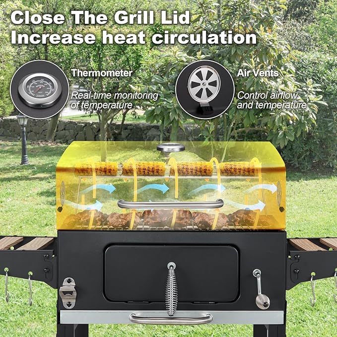 MELLCOM Small Charcoal Grill with Wood Foldable Side Table - 338 Sq.In BBQ Area with Individual Lifting Charcoal Trays & Thermometer, Movable Charcoal Barbeque Grill for Patio, Garden and Backyard