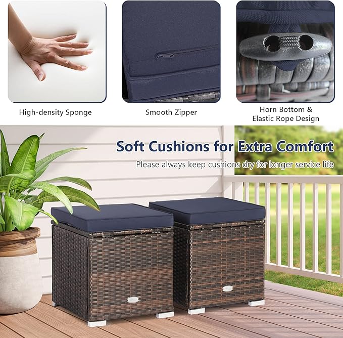 Tangkula 2 Pieces Patio Ottomans, Patiojoy Hand-Woven PE Rattan Side Table with Removable Cushion & Hidden Storage Space, Multifunctional Storage Box, Seat for Patio, Backyard, Poolside (Navy)
