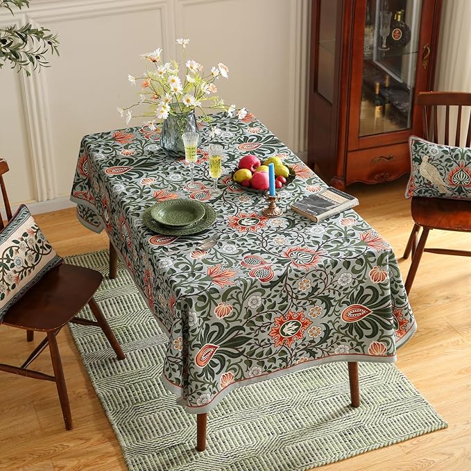ISAENNE Designer Bohemian Linen Green Small Square Tablecloth,Floral Indoor Table Cloth,Stain Resistant Decor Tablecloths for Dining Thanksgiving Kitchen Party Christmas,55"*55"-Naples