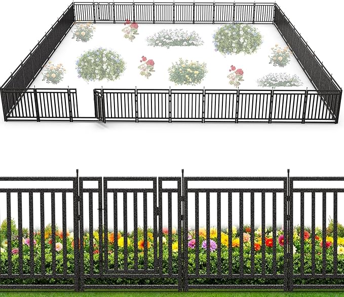 Garden Fence 40in (H) x 90ft (L), 35 Panels + 5 Gates, Durable Outdoor Yard Barrier, Secure Garden Fencing Weather-Resistant Fence Ideal for Pets, Privacy & Decoration, Black Silver