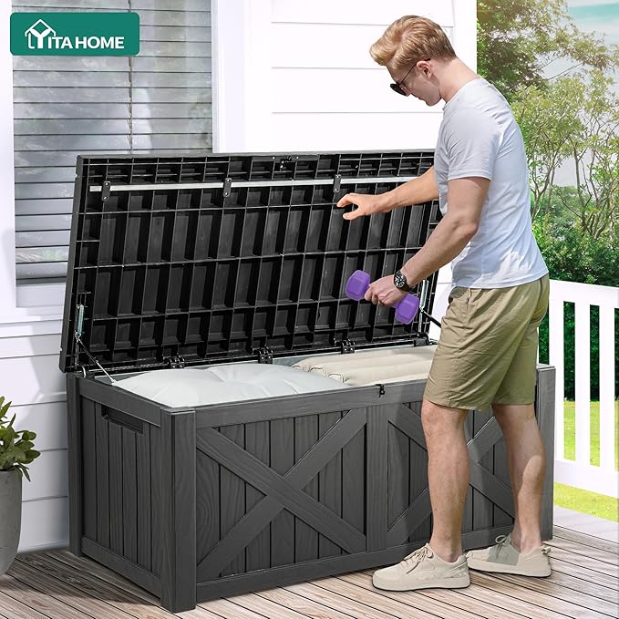 YITAHOME 120 Gallon Large Outdoor Storage Box with X-Shaped Front, Waterproof Resin Deck Box Cushion Storage Bench for Patio, Pool Supplies, Garden Tools - Lockable, Dark Gray