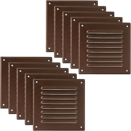 Vent Systems - 5 x 5 Inch (Inner) Pack of 10 Brown Metal Square Soffit Air Vent Grille Cover, Register Vent Deflector Louver Built-in Mesh HVAC for Bathroom Home Office Kitchen 6.5" x 6.5" (Outer)