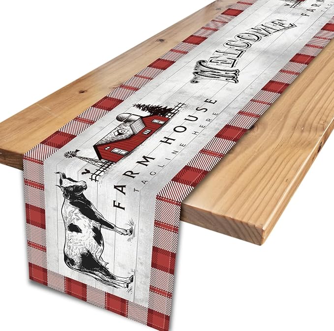 Farmhouse Cow Table Runner, Rustic Red Plaid Animals Buffalo Coffee Table Center Decor for Family Kitchen Dining Room and Living Room Outdoor Country Holiday Party Table Decorations, 13" X 36"