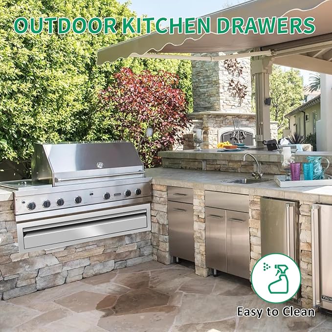 Outdoor Kitchen Drawers 24" W x 6.5" H x 23" D Stainless Steel Single Drawers with Hidden Handle for BBQ Island, Patio Grill Station & Outdoor Kitchen Cabinets