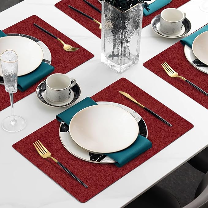 Faux Leather Heat Resistant Christmas Placemats Set of 6 – Waterproof Oilproof Wipeable Dining PU Vinyl Place Mat Easy Clean Table Mats for Kitchen/Dining/Party/Holiday, Red