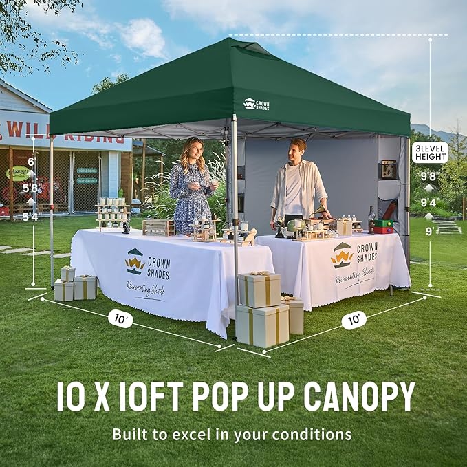 CROWN SHADES Canopy Tent 10x10 Pop Up Canopy Outdoor Shade with Pockets Sidewall, Easy Up Sun Shelter with One Person Set Up Center Lock, Portable Instant Camping Beach Canopy Tents, Forest Green