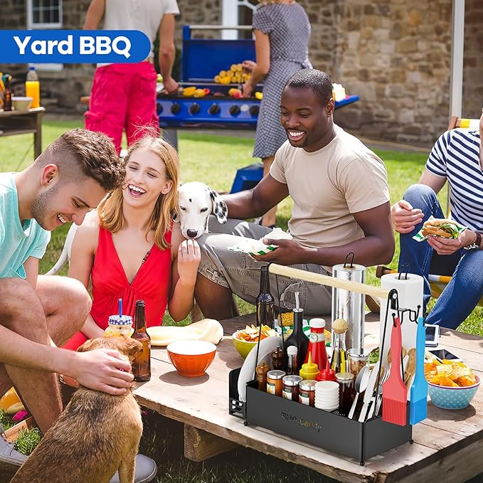 Grill Caddy, BBQ Caddy for Outdoor Grill with 2 Paper Towel Holders, Picnic Condiment Utensil Caddy, Camping Essentials, RV, Tailgating, Grilling Accessories, Camping Kitchen, Gifts for Men