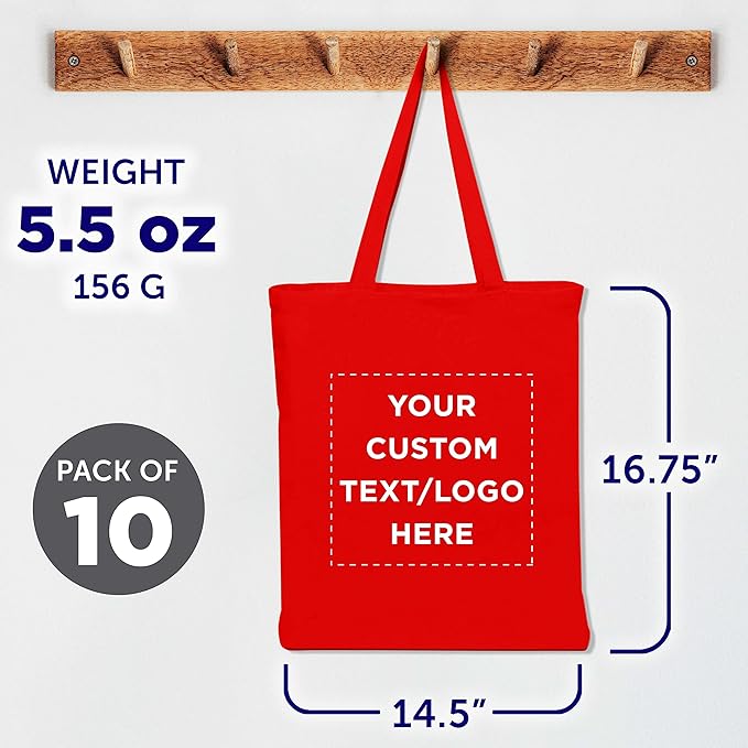 DISCOUNT PROMOS Custom Cotton Canvas Tote Bags Set of 10, Personalized Bulk Pack - Reusable, Great for Shopping, Grocery, Beach, Picnic, Wedding Favors - Red