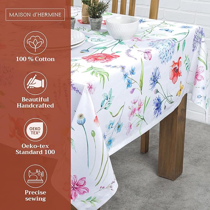 Maison d' Hermine Table Cloth Rectangle Table 100% Cotton 70 x 90 Inches Tablecloth Reusable Decorative for Dining Room, Farmhouse, Home, Party, Festive & Wedding Spring Summer - Just Floral