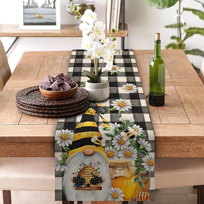 Seliem Spring Bee Gnome Table Runner, Honey Black White Buffalo Plaid Check Home Kitchen Dining Decor, Summer Seasonal Farmhouse Daisy Decorations Indoor Outdoor Anniversary Party Supply 13 x 72 Inch
