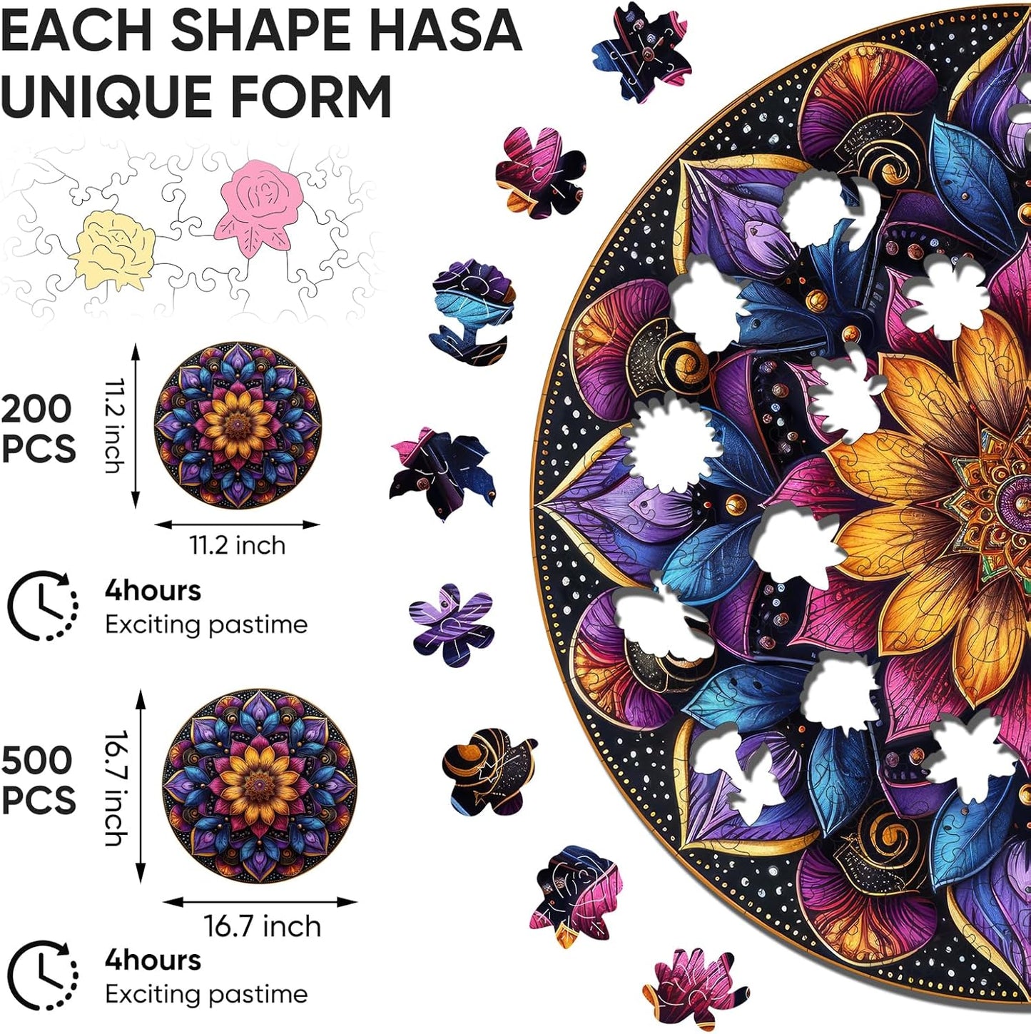 Mandela Wooden Jigsaw Puzzles - Flower Puzzles for Adults 500 Pcs, 16.7'' x 16.7''Unique Shaped Wood Puzzle, Beautiful Package for Halloween, Best Gift for Adults and Kids, Family Game