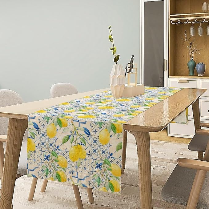 Lemon Table Runner, Summer Fruit Vintage Morocco Blue Tiles Table Runners for Farmhouse Coffee Home Kitchen Dining Party Patio Outdoor 13x108in