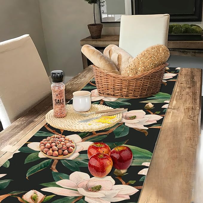 Table Runner White Magnolia Flowers Table Runners Summer Seasonal Kitchen Dinning Decor for Indoor Outdoor Holiday Home Wedding Party 13x70 Inch