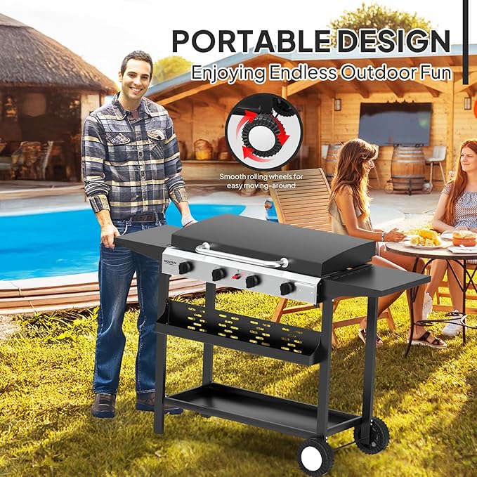 ROVSUN 4 Burner Portable Propane Griddle with Enameled Tray & Lid, 40000 BTU Rolling Flat Top Gas Grill with Electronic Ignition, Side Shelves & Regulator for Outdoor Cooking Camping BBQ Tailgating