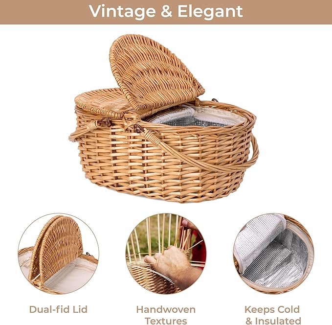 GRANNY SAYS Picnic Basket, Wicker Basket with Insulated Cooler, Woven Cute Basket with Handle, Storage Basket with Washable Lining & Dual-Flid Lid, Natural Willow Picnic Hamper