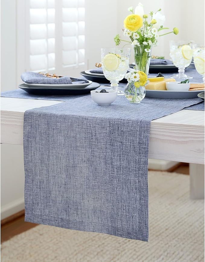 Solino Home Linen Table Runner 144 Inches Long - Athena, 100% Pure Linen Chambray Indigo 14 x 144 Inch Table Runner for Dining, Spring, Easter